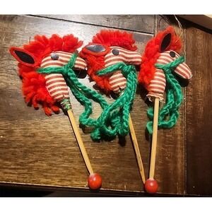3 Vintage HOBBY HORSE Christmas Ornaments Child's Horse Riding Wood Sticks 6"
